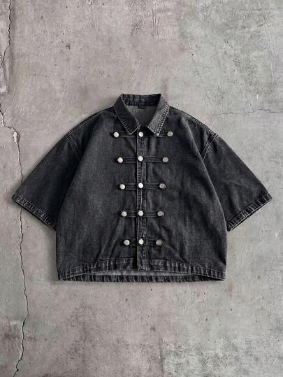 NEON BLANC Men's Short Sleeve Button Design Casual Denim Shirt