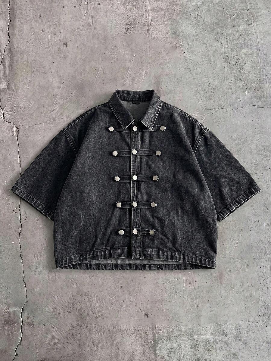 NEON BLANC Men's Short Sleeve Button Design Casual Denim Shirt - Black - View 1