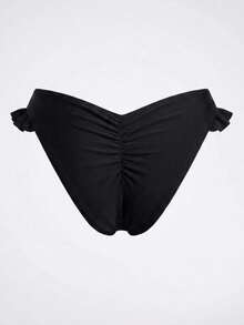 Swim Basics 女款荷葉邊可愛皺褶高腰比基尼泳褲，黑色泳裝，休閒款，適合春夏度假、海灘、派對 - 黑色 - 查看 6
