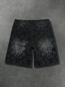 Manfinity EMRG Quần short denim đen mài bạc kiểu dáng đường phố Mỹ dành cho nam, họa tiết ngôi sao rách rưới và đính đá lấp lánh. - màu đen - Xem 2