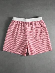 ROMWE MEN Street Life Quần short nam dáng casual, in chữ và kẻ caro, cạp chun. - Đỏ - Xem 2