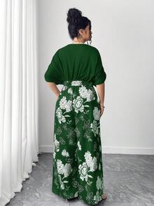 Elenzga 大码印花V领优雅短袖连体裤 - 墨綠色 - 查看 2
