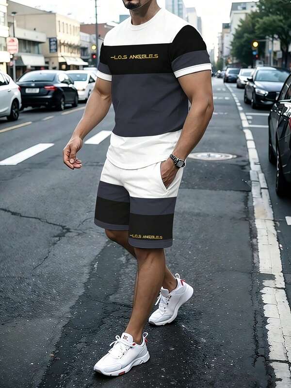 NEOREFINED 2pcs/Set New Fashion Men's Colorblock Los Angeles Text Round Neck Short Sleeve T-Shirt And Drawstring Shorts Casual Daily Outfit, Summer