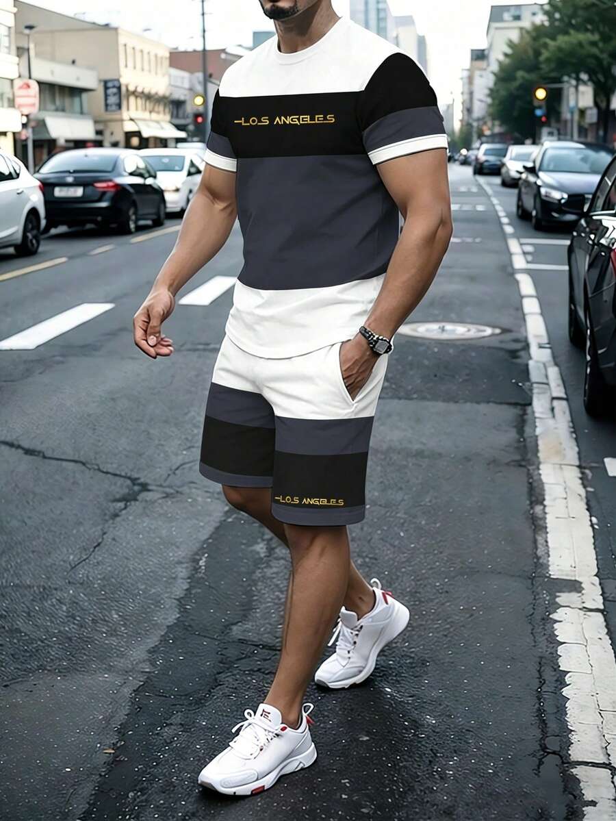 NEOREFINED 2pcs/Set New Fashion Men's Colorblock Los Angeles Text Round Neck Short Sleeve T-Shirt And Drawstring Shorts Casual Daily Outfit, Summer - Black - View 1