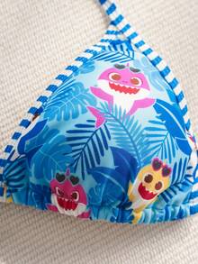 BABY SHARK X SHEIN Bộ bikini hai mảnh in họa tiết dễ thương thời trang - Màu xanh lam - Xem 3