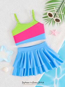 Cozy Pixies Conjunto de bikini con tirantes de espagueti y volantes en el bajo para niñas jóvenes, de colores contrastantes - Azul - Ver 10