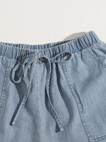 Shorts bajo crudo con bolsillo con parche de cintura con nudo - Lavado ligero - Ver 6