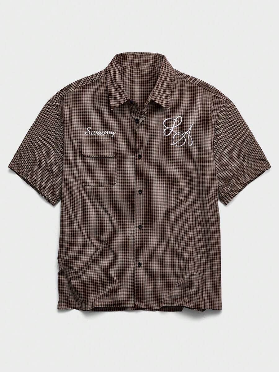 EASEVO Plus Size Men's Plaid Embroidered Button-Front Casual Short Sleeve Shirt, Vacation, Father's Day Gifts - Brown - View 1