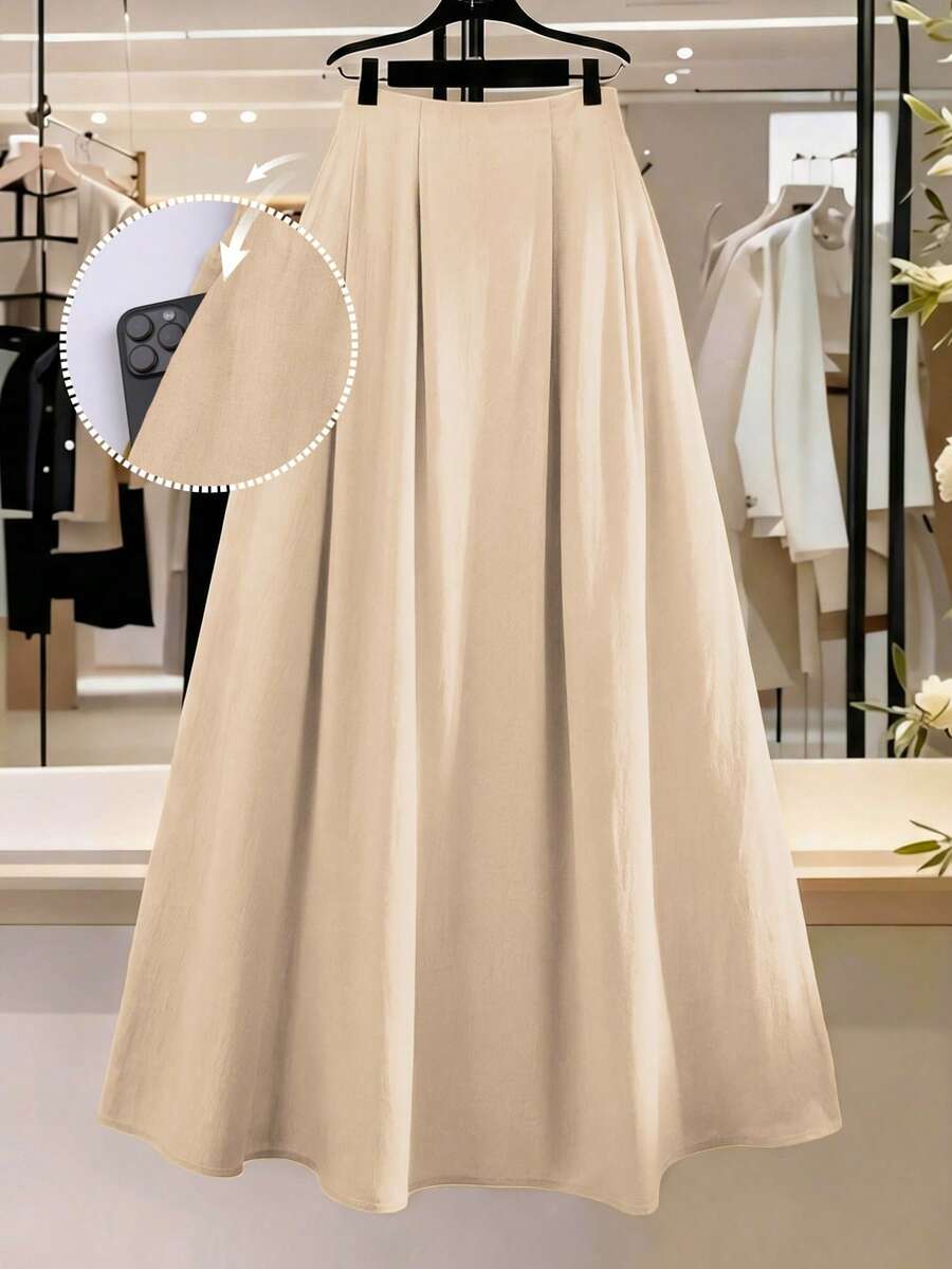 Franclia Chân váy dài xếp ly dáng chữ A cạp cao màu trơn dành cho nữ cỡ lớn, thanh lịch, mang phong cách Pháp cổ điển lãng mạn tối giản, phù hợp cho công sở, đi làm, kinh doanh, thường ngày, đi biển, nghỉ dưỡng, phong cách đường phố, tiệc trà chiều, phong cách Boho, Trung Đông, bộ sưu tập mới Xuân/Hè. - Màu be - Xem 1