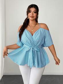 Elenzga Áo kiểu dáng dễ thương, dây mảnh, buộc nơ phía trước, cỡ lớn, kẻ sọc. - Màu xanh lam - Xem 1