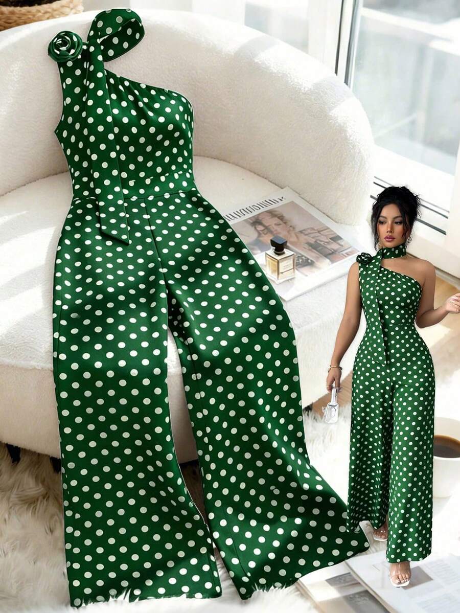 GlowEve CURVE Plus Size Women's Elegant Black & White Polka Dot Asymmetrical Shoulder Jumpsuit, Suitable For Commuting, Spring/Summer - Green - View 1