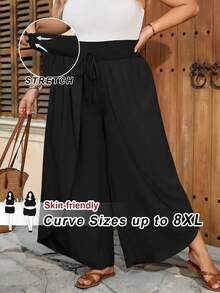SHEIN CURVE+ Quần ống loe dáng suông, size US22, thích hợp cho các lễ hội âm nhạc, kỳ nghỉ biển, phong cách bohemian, màu trơn, thời trang thường ngày, phù hợp mặc mùa hè. - màu đen - Xem 7