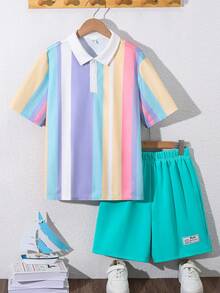 SHEIN 2pcs/Set Teen Boy Casual Collegiate Color Block Polo Shirt & Shorts Set,Summer Streetwear Preppy Outfit For Schooling,Daily Wear & Sports,Resort Wear - Multicolor - View 6