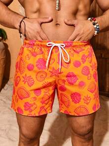 Azuldrift Men's Shell Print Drawstring Waist Beach Shorts, Burnt Orange Summer Casual Holiday Vacation Hawaii Tropical Swim Bathing Couple's Date - Orange - View 2