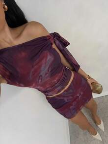 Glamine Plus Size Women Floral Print Ruched Asymmetrical Shoulder Top And Mini Skirt Casual Vacation 2-Piece Set - Purple - View 4