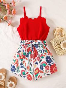 SHEIN Tween Girls' Fashionable Shell Trim Printed Jumpsuit, Summer - Red - View 3