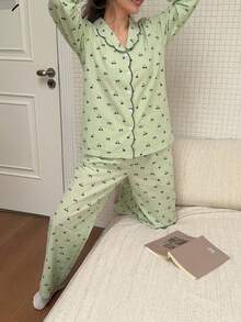 DAZY 2pcs Cute Bow & Cherry Print Contrast Color Embroidered Collar Women Pajama Set, Spring/Summer - Green - View 8