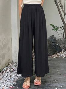 Solid Wide-Leg Leisure Trousers For Holidays - Negro 3 - View 5