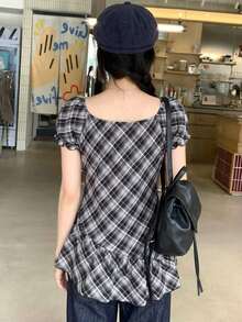 DAZY 女款格紋圓領休閒短袖上衣圖案T恤校園風 - 黑色 - 查看 2