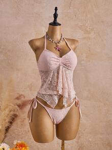 Bellisia Bộ bikini 2 mảnh màu trắng ren hoa dáng dễ thương, thích hợp cho kỳ nghỉ xuân/hè, đi biển. - Hồng - Xem 3