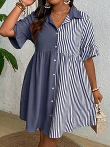 Ceyna Plus Size Summer Casual Striped Patchwork Front Button Short Sleeve Dress - Blue - View 1