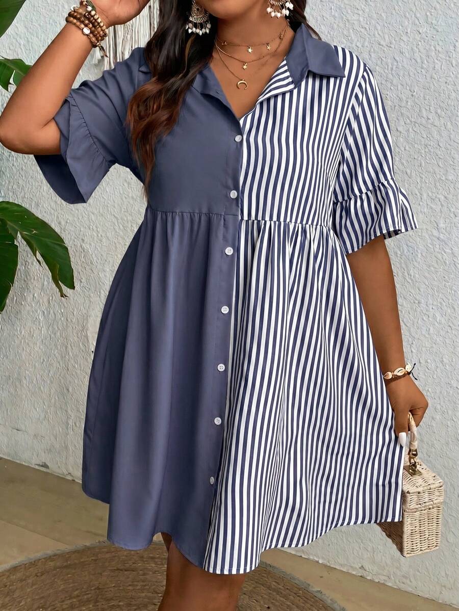 Ceyna Plus Size Summer Casual Striped Patchwork Front Button Short Sleeve Dress - Blue - View 1