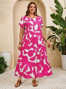 EMERY ROSE Gaun Maxi Kasual/Liburan Wanita Motif Biru dengan Leher Bulat dan Lengan Pendek - Hot Pink - View 2