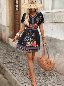 Brillora Đầm nữ mùa hè cổ chữ V in họa tiết retro Mexico. - màu đen - Xem 8