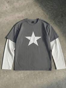 SWAVVY Men's Casual Star Print Round Neck Long Sleeve T-Shirt, Suitable For Spring And Autumn - Black - View 2