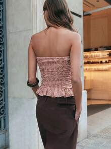Nöista Top bandeau con estampado y detalle de volante en la parte delantera, en colores rosa y marrón, costura fruncida en la espalda y cremallera invisible en la costura lateral. Blusas de verano, atuendo de primavera, Pascua, look elegante y formal, vacaciones. - Rosa Pálido - Ver 2