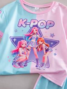 SHEIN Kids 2pcs/Set Young Girl Casual Sports Style K-Pop Cartoon Starry Sky Print Short Sleeve Top And Shorts Set,Light Pink,Summer Back To School - Pink - View 5