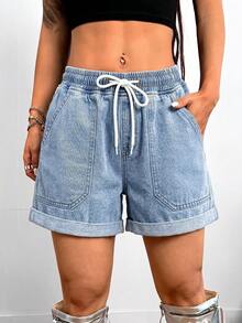 SHEIN PETITE CURVE Plus Size Women Drawstring Waist Pockets Casual Versatile Denim Shorts Jorts - Light Wash - View 6