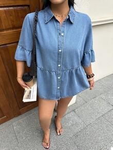 EMERY ROSE Plus Size Women Summer Casual Washed Denim Blouse Formal Vacation Light Blue - Blue - View 6