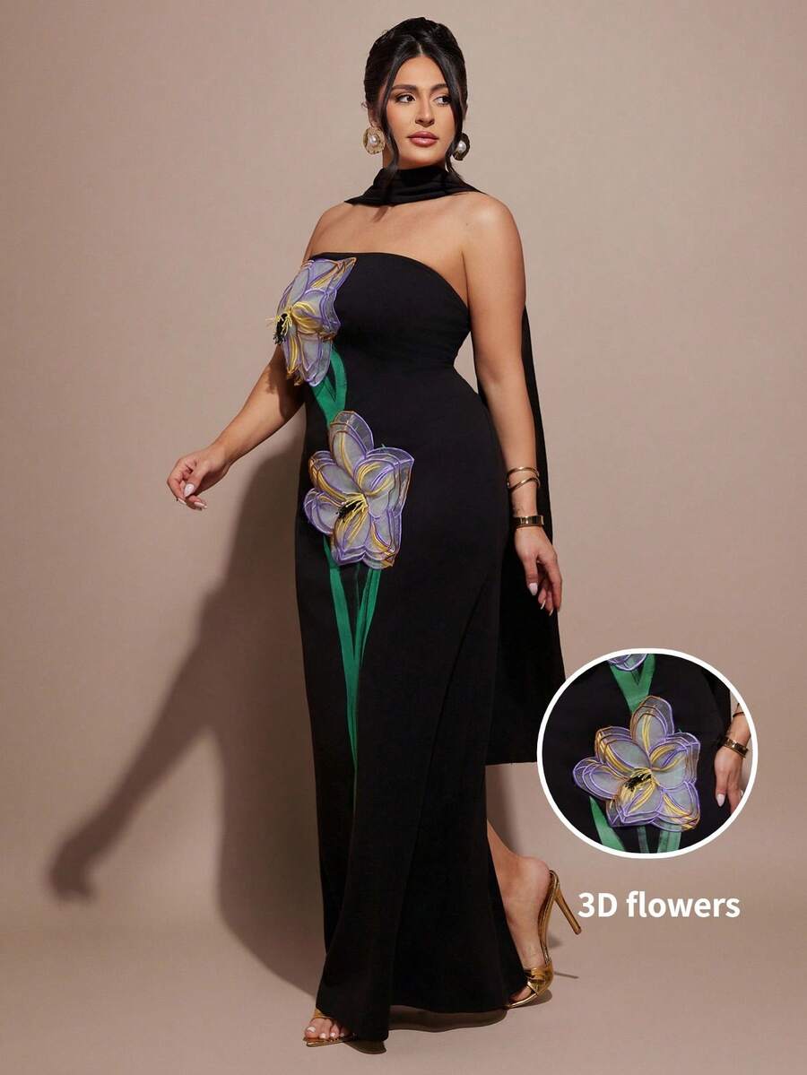 SHEIN BAE Plus Size Elegant Black Bodycon Long Maxi Dress,Autumn Formal Evening Ceremony Gown Women's 3D Floral Vibrant Plant Pattern Strapless Cocktail Party