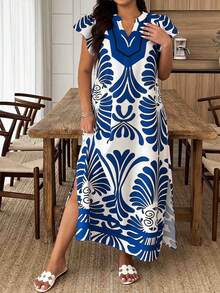 SHEIN LUNE Plus Size Women's Casual Vacation Dual-Color Floral Ruffle Sleeve Loose Split Dress, Suitable For Daily And Holiday Wear, Spring/Summer Gym Brown - Blue and White - View 3