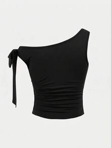 SHEIN Tween Girls' Fashionable Elegant Sleeveless Asymmetrical Shoulder Top, Solid Black - Black - View 3