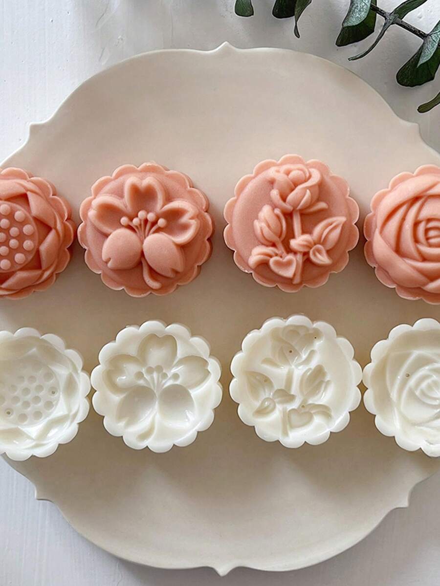 50g Flower-Shaped Mung Bean Cake Mold Set - Tulip, Cherry Blossom, Rose, And Lotus Designs - Mid-Autumn Festival Mooncake & Steamed Bun Hand-Press Tool - White - View 1