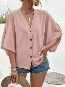 Breezaya Plus Size Women's Elegant Solid Color Jacquard V-Neck Raglan Sleeve Button Decor Beach Resort 2025 Spring/Summer New Versatile Blouse - Dusty Pink - View 6