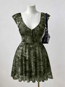 Sunspun Plaid Print Cap Sleeve Square Neck Dress, Summer - Multicolor - View 6