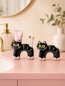 Joivida 1Pc Ceramic Toothbrush Holder, Black Cat Cartoon Toothbrush Holder, High Aesthetic Storage Rack For Bathroom, Ideal As Toothpaste And Washing Storage Base For Couples And Home Use - Multicolor - View 5