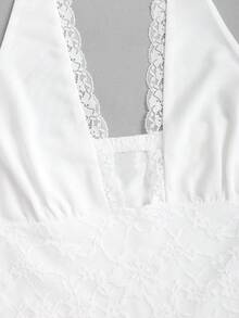 SHEIN Sweetro Y2K Sexy Lace Mesh Patchwork Halter Neck Ruffle Hem Fitted White Party Golf Dress Summer - White - View 5