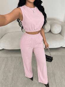 Set Of Two-Piece Sleeveless Short Top, Wide Pants For Summer. - 粉色 - 查看 1