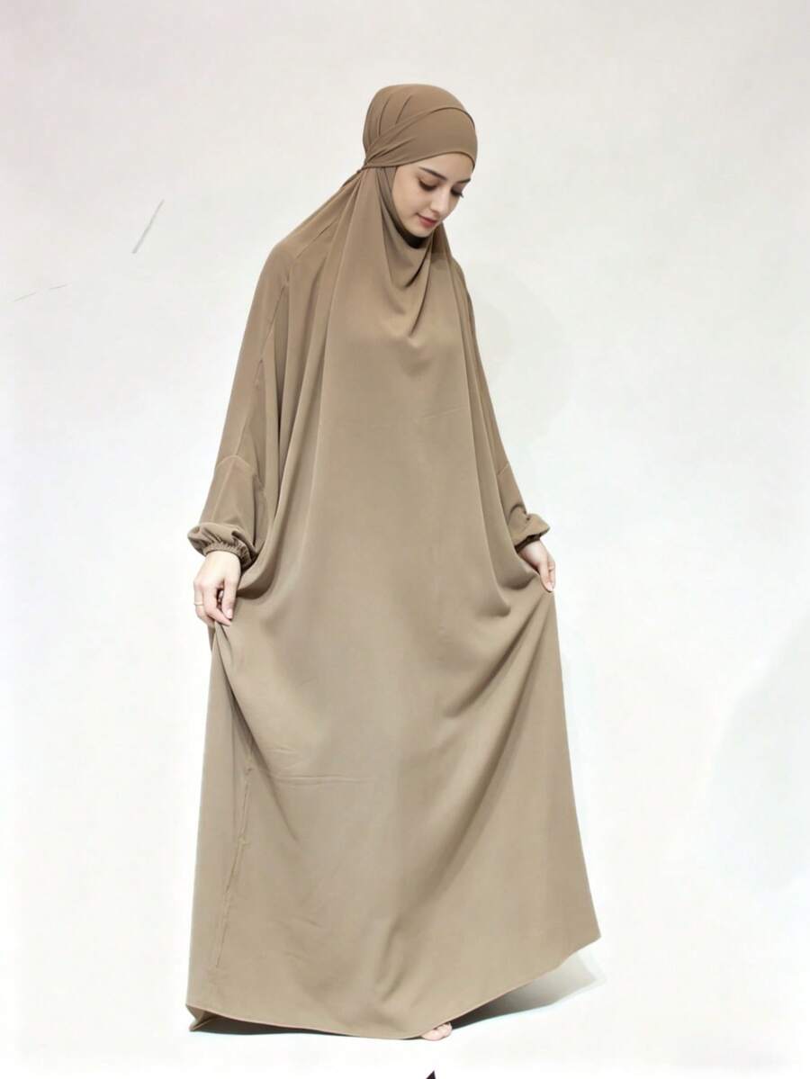 Al Najma Áo choàng cầu nguyện liền thân Jilbab, áo choàng kín đáo có mũ trùm đầu dành cho phụ nữ Hồi giáo, Burqa Dubai che phủ toàn thân, khăn trùm đầu Hồi giáo Khimar Niqab Abaya. - Màu Khaki - Xem 1