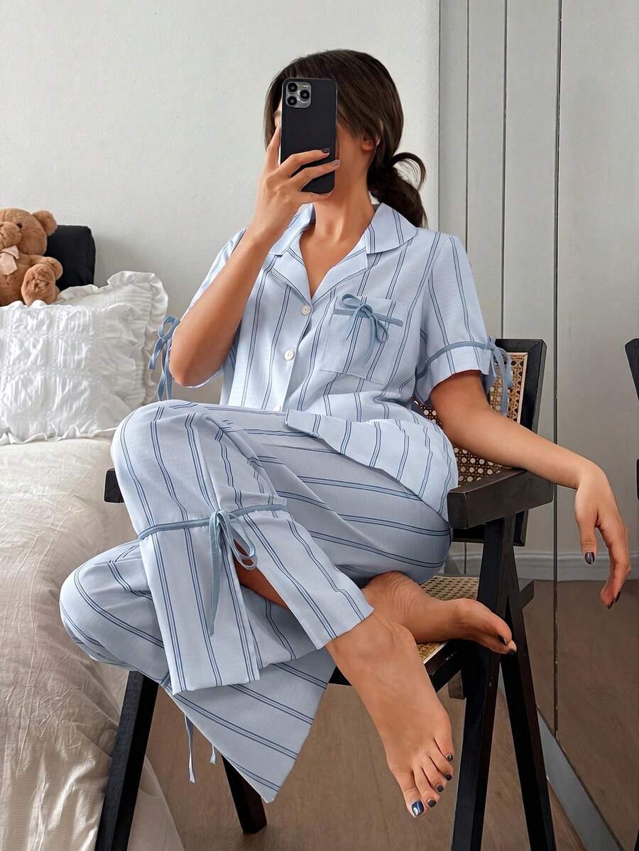 Napfluff Striped Print Lapel Contrast Color Casual Homewear Short Sleeve Top And Pants Set For Women - Blue - View 1