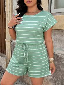 SHEIN LUNE Plus-Size Women'S Summer Black And White Striped Waistband Crew Neck Casual Romper Women Summer Clothes - Multicolor - View 6
