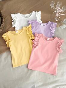 LMoss Kids 4pcs/Set Young Girl Casual Solid Color T-Shirts - Multicolor - View 5