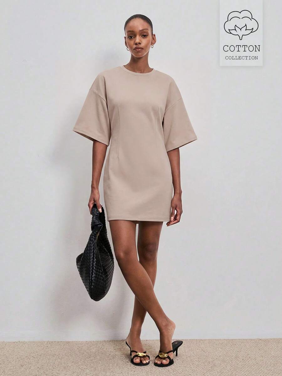 ATUI Studio Casual Daily Fashion White T-Shirt Dress For Women, Summer - Apricot - View 1