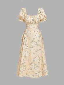 Vestido de longitud media con mangas de pétalo, cintura con lazo y unicolor para mujer - Amarillo claro - Ver 3