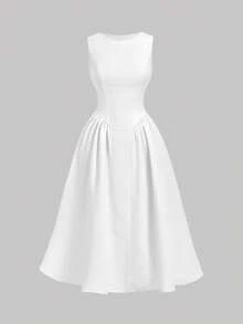 SHEIN MOD Đầm midi không tay cổ tròn màu trơn dành cho nữ, thắt eo. - trắng - Xem 6