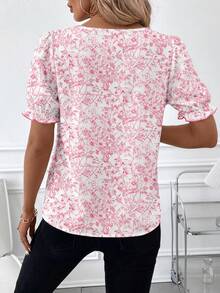 SHEIN Clasi 女款花卉泡泡袖夏季波西米亞風度假荷葉邊上衣，優雅休閒，適合派對、早午餐、婚禮、海灘與工作場合 - 彩色 - 查看 2